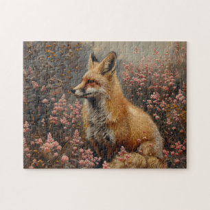 Roter Fuchs mit rosa Wildblumen Malerei Puzzle