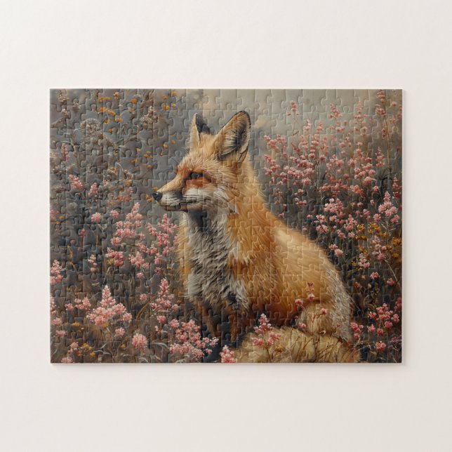 Roter Fuchs mit rosa Wildblumen Malerei Puzzle (Horizontal)