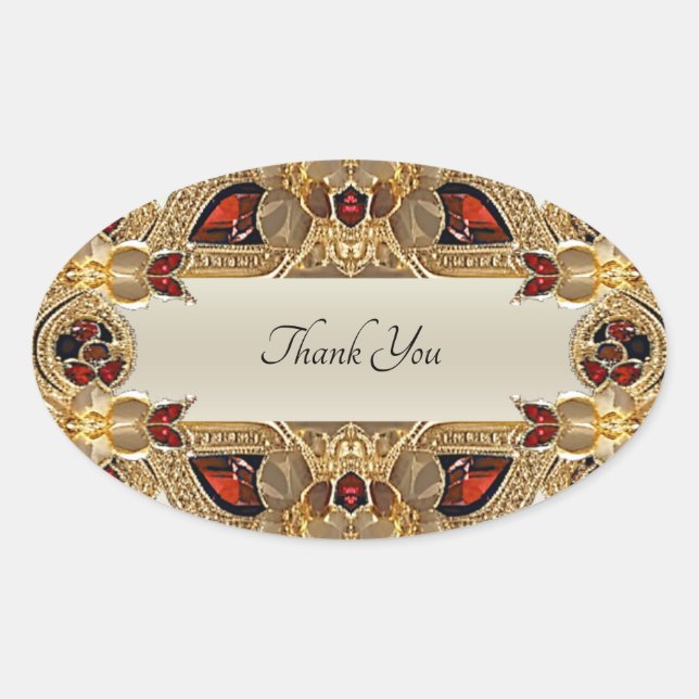 Roter Gemstone-Siegel-Aufkleber für goldene Blume Ovaler Aufkleber (Vorderseite)