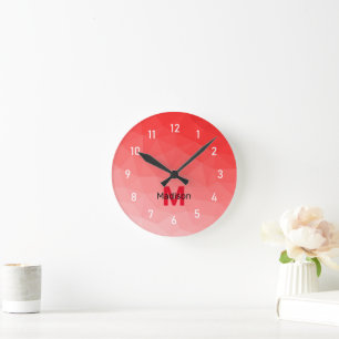 Roter geometrischer Maschenmuster-Monogramm Runde Wanduhr