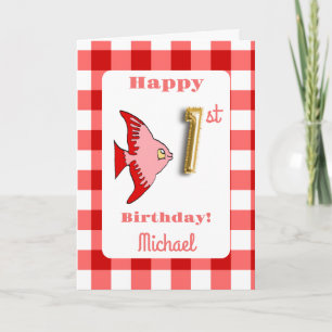 Roter Gingham-Goldfolien-Ballonfisch zum 1. Geburt Karte