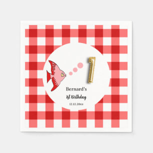 Roter Gingham-Goldfolien-Ballonfisch zum 1. Geburt Serviette