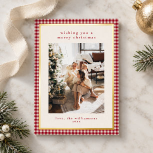 Roter Gingham-Karo-Porträtfoto Weihnachten Gold Folien Feiertagskarte