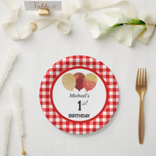 Roter Gingham & Luftballons 1. Geburtstag Pappteller