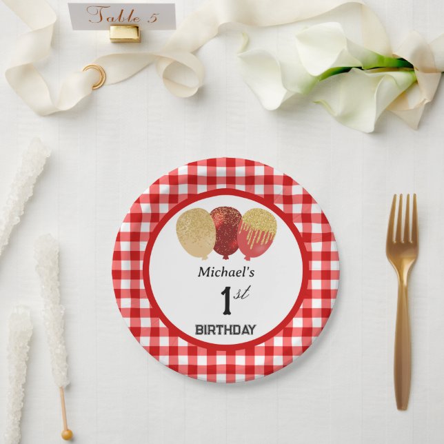 Roter Gingham & Luftballons 1. Geburtstag Pappteller (Hochzeit)