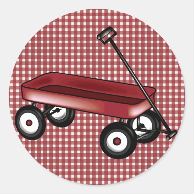 Roter Gingham mit Wagen Runder Aufkleber (Vorderseite)
