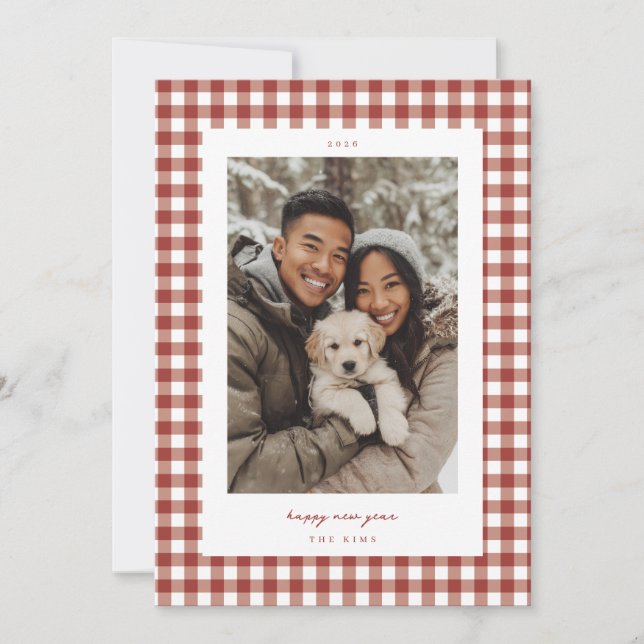 Roter Gingham Neujahrsfoto Feiertagskarte (Vorderseite)