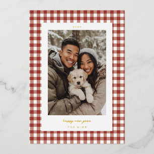 Roter Gingham Neujahrsfoto Folien Feiertagskarte