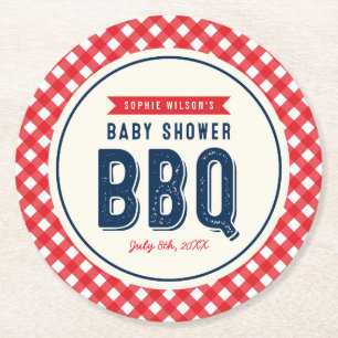 Roter Gingham und blaues Baby-Dusche GRILLEN Party Runder Pappuntersetzer