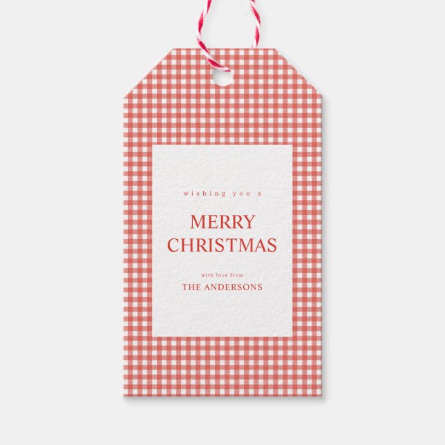 Roter Gingham-Weihnachten Geschenkanhänger (Vorderseite)
