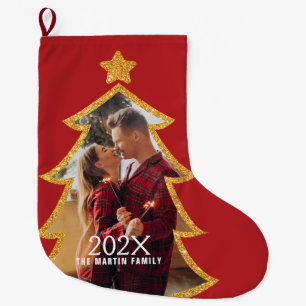 Roter glänzender Weihnachtsbaum personalisiertes F Großer Weihnachtsstrumpf