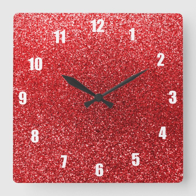 Roter Glitter Quadratische Wanduhr (Vorderseite)