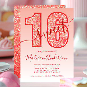 Roter Glitter-Schriftzug Sweet 16 Geburtstagsfeier Einladung