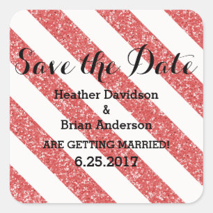 Roter Glitzer Aussehen Streifen Save the Date Aufk Quadratischer Aufkleber
