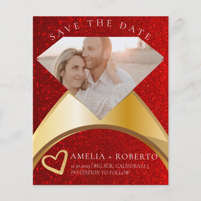 Roter Glitzer Eleganter Ring Save the Date Fotokar Flyer (Vorne)