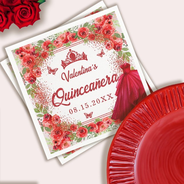 Roter Glitzer Floral Quinceanera Party Serviette (Red Glitter Floral Quinceanera Party Napkins)