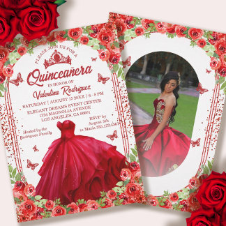 Roter Glitzer Floral Sparkle Quinceanera Einladung