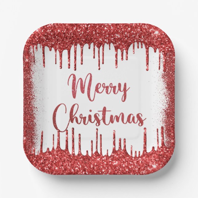 Roter Glitzer frohe Weihnachten Pappteller (Vorderseite)