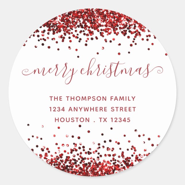 Roter Glitzer Frohe Weihnachtsnachtsnacht Rücksend Runder Aufkleber (Vorderseite)