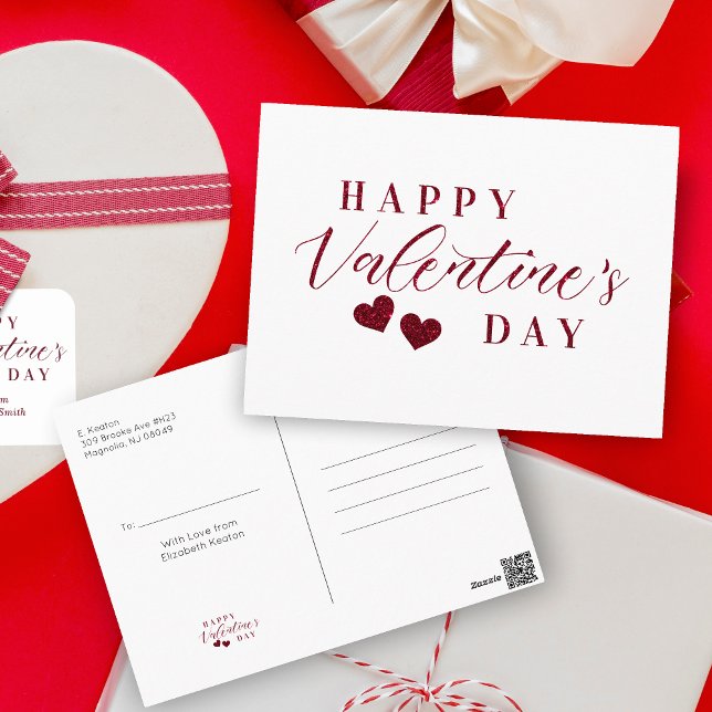 Roter Glitzer - Happy Valentine's Day Heart Postkarte (Red Glitter Effect Happy Valentine's Day Hearts Postcard.)