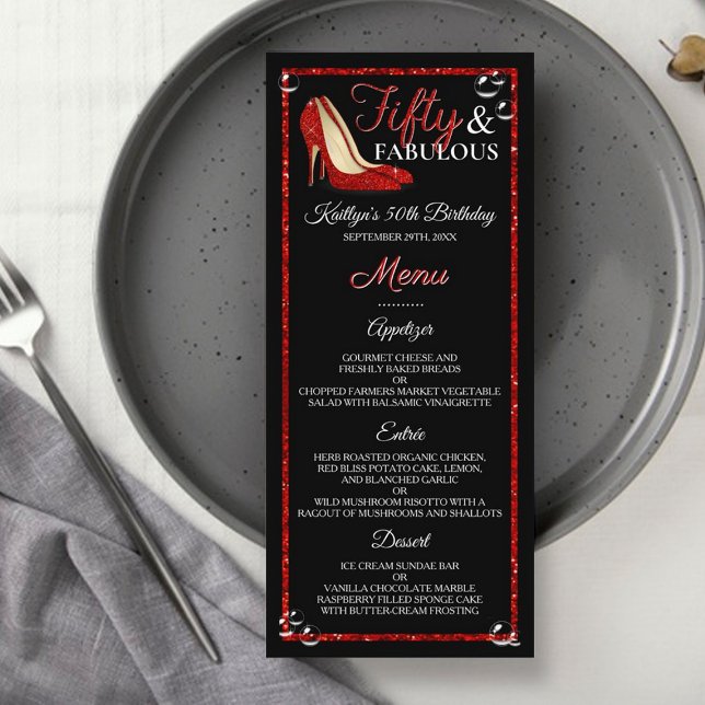 Roter Glitzer High Heels | 50 & Fabulous Geburtsta Menükarte (Von Creator hochgeladen)