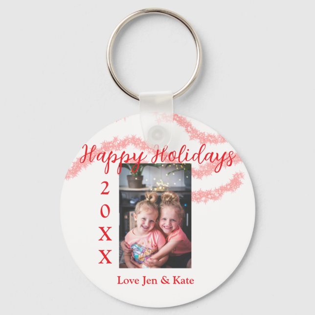 Roter Glitzer Kinderfamilie Foto Name der Feiertag Schlüsselanhänger (Vorderseite)
