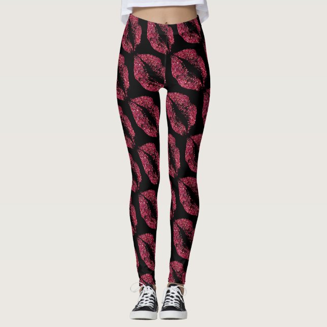 Roter Glitzer Lippen Modernes Schwarzes Leggings (Vorderseite)