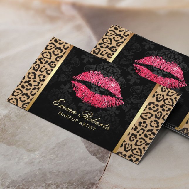 Roter Glitzer Lips Leopard Damask Makeup Artist Visitenkarte (Von Creator hochgeladen)