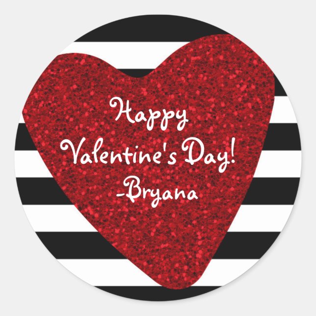 Roter Glitzer Look Herz Schwarz-weiß Valentine's Runder Aufkleber (Vorderseite)