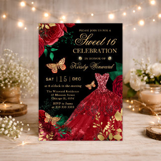 Roter Glitzer mit Aquarellfarbe Kleid & Rose 16 . Einladung