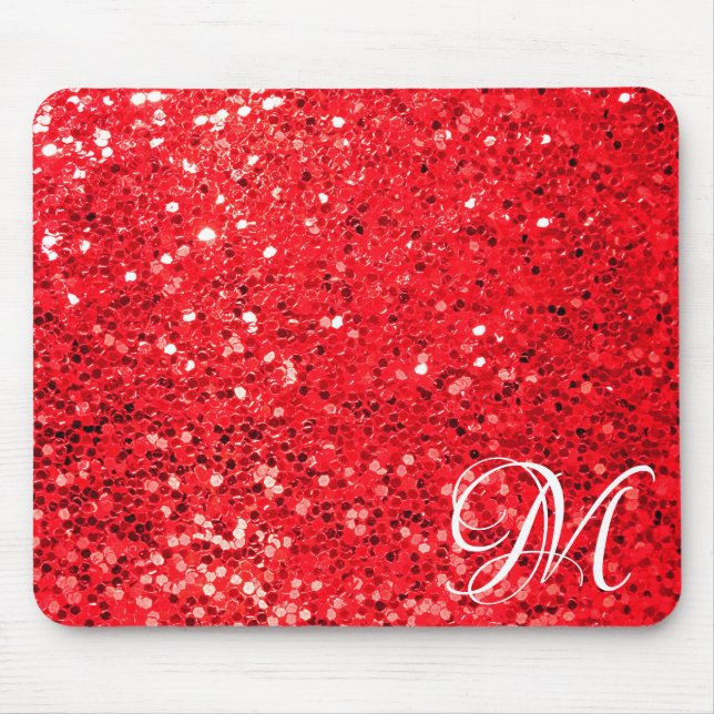 Roter Glitzer mit Persönlicher Monogramm Mousepad (Vorne)