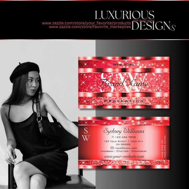 Roter Glitzer Ruby Roter Blick Sterne Initialen Visitenkarte (Von Creator hochgeladen)