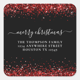 Roter Glitzer Rücksendeadresse Frohe Weihnachten S Quadratischer Aufkleber