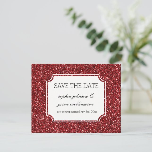Roter Glitzer Save the Date (Stehend Vorderseite)