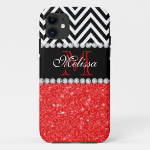 ROTER GLITZER SCHWARZES CHEVRON-MONOGRAMM iPhone 11 HÜLLE