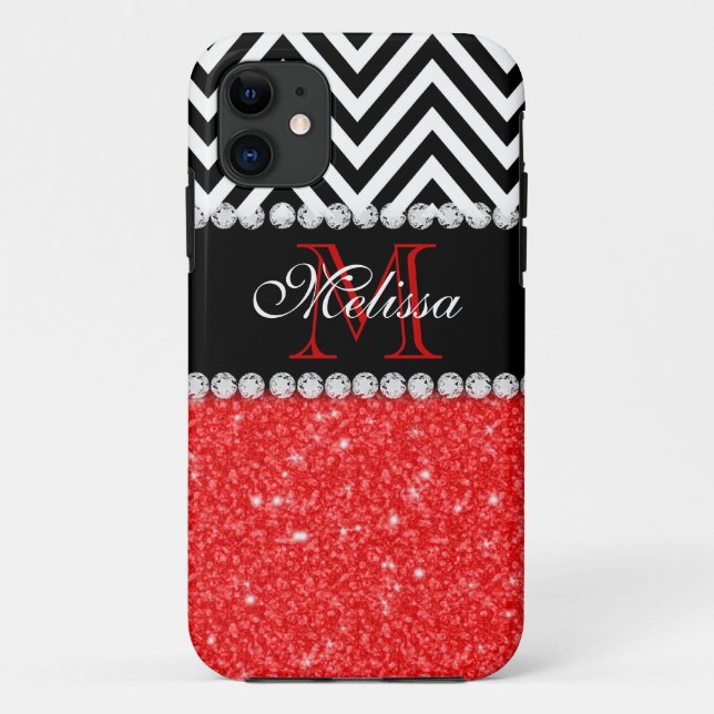 ROTER GLITZER SCHWARZES CHEVRON-MONOGRAMM Case-Mate iPhone HÜLLE (Rückseite)