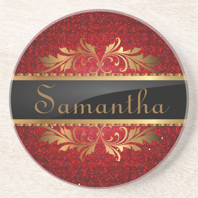 Roter Glitzer Sequel Disco Glitz Muster Untersetze Sandstein Untersetzer (Vorne)