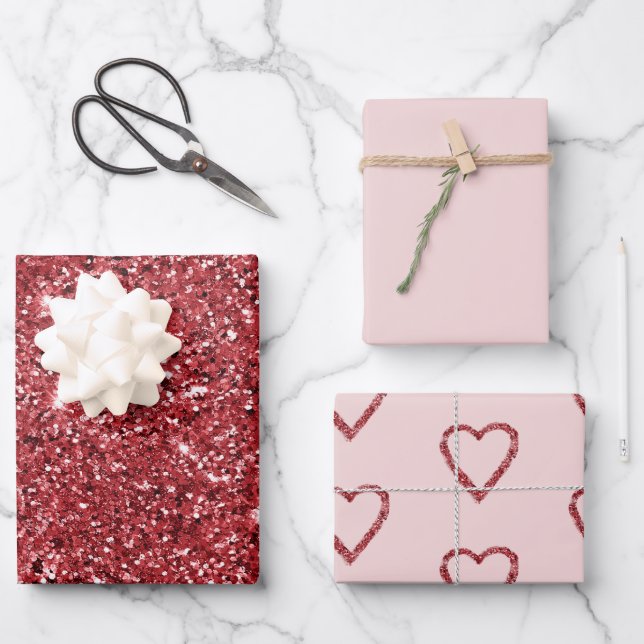 Roter Glitzer Sparkle Herz Rosa Rosa Rosa Geschenkpapier Set (Vorderseite)
