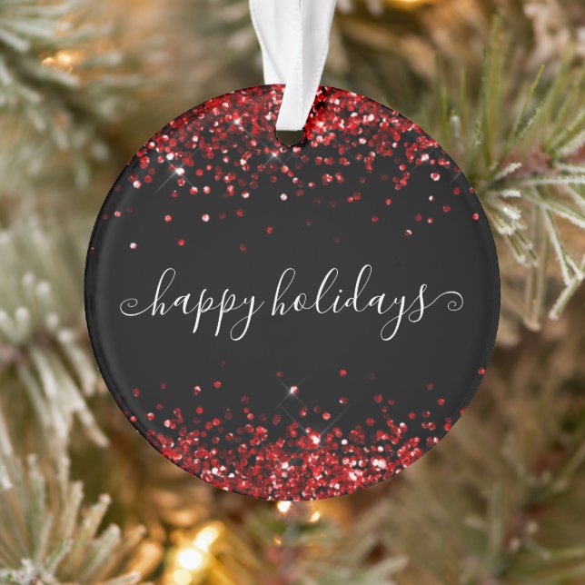 Roter Glitzer Sparkle Shine Happy Holidays Black Ornament (Baum)