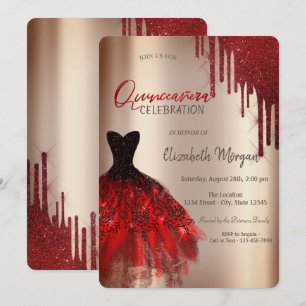 Roter Glitzer Tropfen Dress Quinceañera Einladung