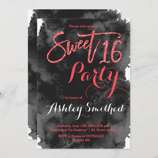 Roter Glitzer Typografie schwarze Aquarellfarbe Sw Einladung (Vorne/Hinten)