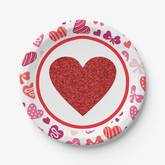 Roter Glitzervalentines-Herz-Geburtstag Pappteller (Vorderseite)