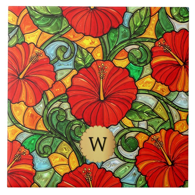 Roter Gold-Hibiskus-Falsches-Buntglas-Monogramm Fliese (Vorderseite)