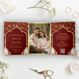 Roter Gold Paisley Blumen QR Code Indische Hochzei Dreifach Gefaltete Einladung