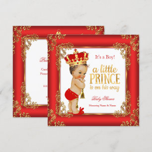 Roter Gold Prinz Baby Shower Damast Brünette Junge Einladung