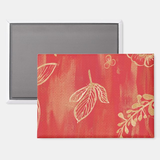 Roter Gold Wasserfarben-Blumenmuster Magnet (Vorderseite/Rückseite)