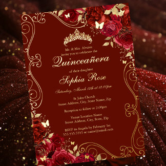 Roter Goldbarmherziger Blumenwirbel Quinceanera Folieneinladung