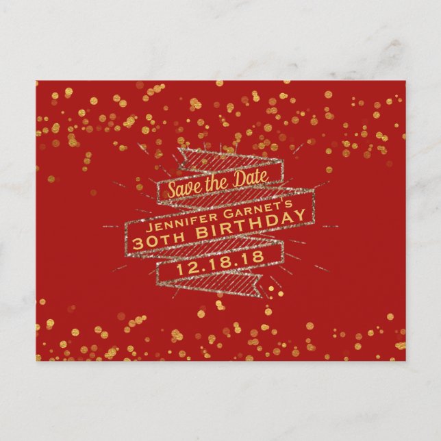 Roter Goldconfetti-Geburtstag Save the Date Ankündigungspostkarte (Vorderseite)