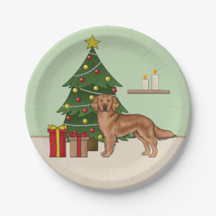Roter Golden Retriever Hund mit Weihnachtsbaum Grü Pappteller