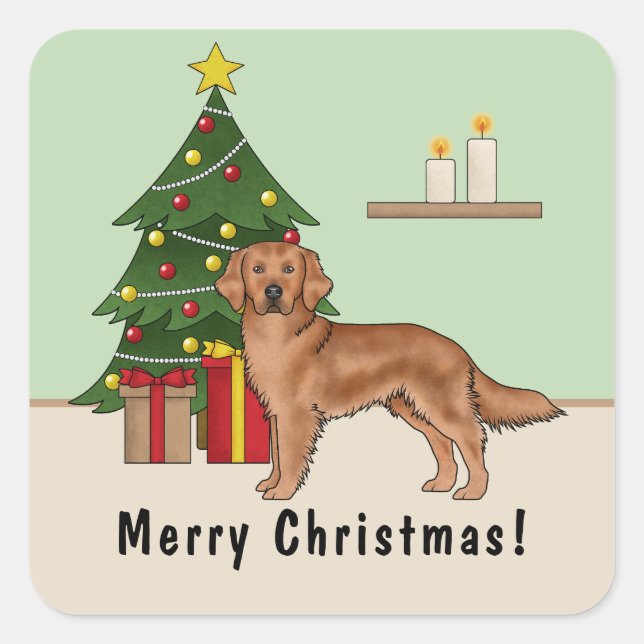 Roter Golden Retriever Hund mit Weihnachtsbaum Quadratischer Aufkleber (Vorderseite)
